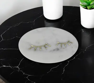 6" Gold And White Round Marble Inlaid Eyelashes Serving Tray