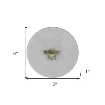 6" White And Gold Bumble Bee Inlaid Marble Serving Tray