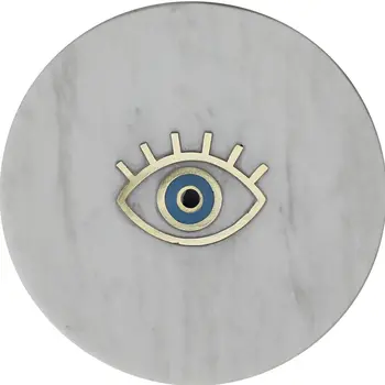 6" Gold And White Round Marble Inlaid Eye Serving Tray