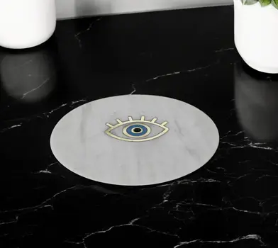6" Gold And White Round Marble Inlaid Eye Serving Tray