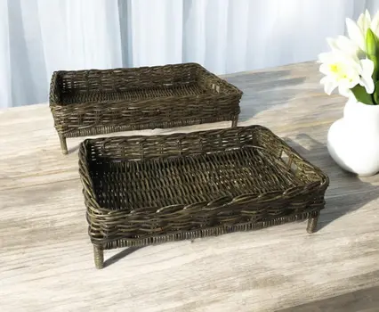 Set of Two Brown And Gray Rattan Hand Finished Serving Tray With Handles
