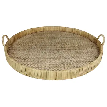 24" Natural Round Bamboo Handmade Serving Tray With Handles