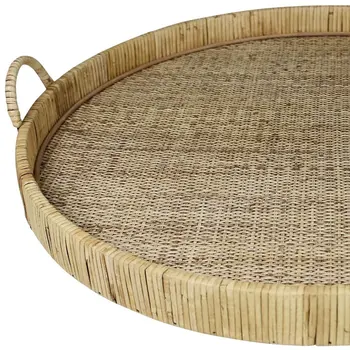 24" Natural Round Bamboo Handmade Serving Tray With Handles