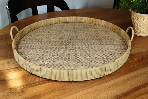 24" Natural Round Bamboo Handmade Serving Tray With Handles
