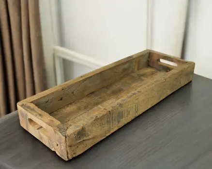 24" Natural Reclaimed Wood Rustic Narrow Serving Tray With Handles