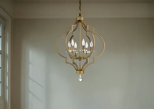 Gold and White Candle Style Six Light Metal Dimmable Chandelier