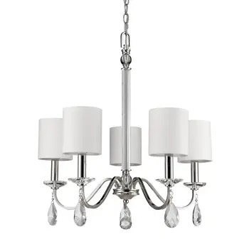 Silver Candle Style Five Light Metal and Crystals Dimmable Chandelier With White Shades