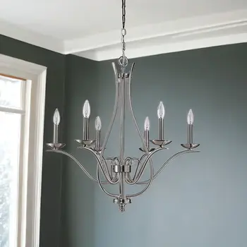 Nickel Candle Style Six Light Metal Dimmable Chandelier