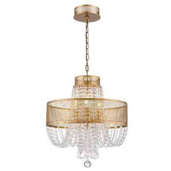 Gold Four Light Metal and Crystals Dimmable Chandelier With Shades