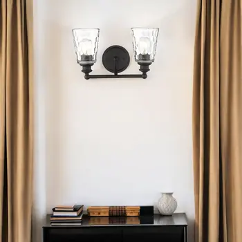 Bronze Metal and Pebbled Glass Two Light Wall Light