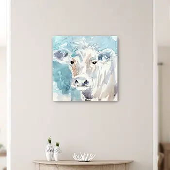 30" x 30" Blue Pastel Watercolor Cow Unframed Canvas Wall Art