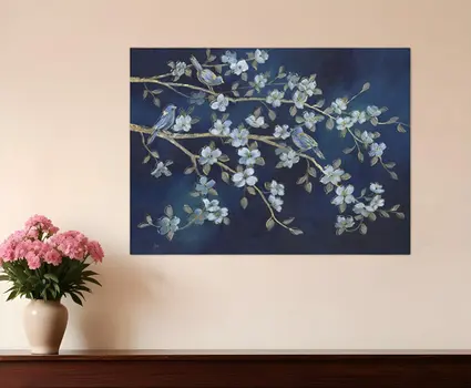 18" x 24" Navy Blue Watercolor Midnight Bird Rendezvous Canvas Wall Art