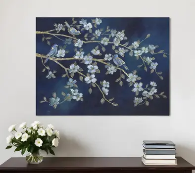 24" x 32" Navy Blue Watercolor Midnight Bird Rendezvous Canvas Wall Art