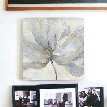 Soft Blue And Grey Flower With Gold Details Unframed Print Wall Art