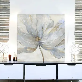 Soft Blue And Grey Flower With Gold Details Unframed Print Wall Art