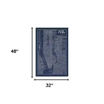 48" x 32" Indigo and White Aerial New York Map Canvas Wall Art