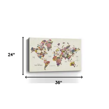 36" x 24" Fun Floral Map of the World Canvas Wall Art