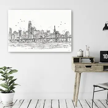 Monochrome City Skyline Sketch Unframed Print Wall Art