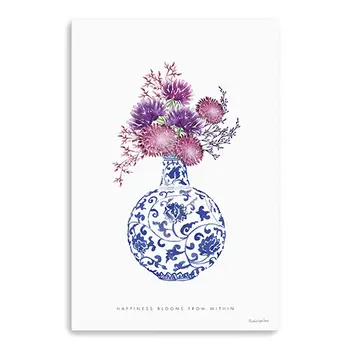 24" x 16" Blue and White Happiness Floral Vase Canvas Wall Art
