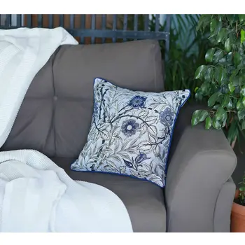 18" Ivory Blue And Gray Floral Fabric Throw Pillow