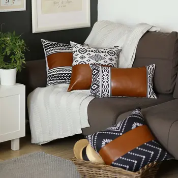 18" Brown Black And Ivory Geometric Faux Leather And Fabric Throw Pillow