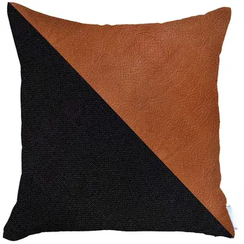 18" Black And Brown Faux Leather And Fabric Throw Pillow