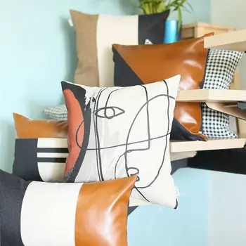 18" Black And Brown Faux Leather And Fabric Throw Pillow