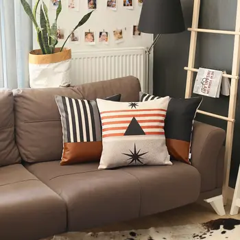 18" Brown Black And Ivory Geometric Faux Leather And Fabric Throw Pillow