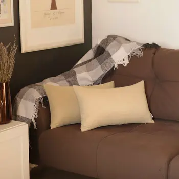 Set of Two 12" X 20" Tan Fabric Lumbar Throw Pillows