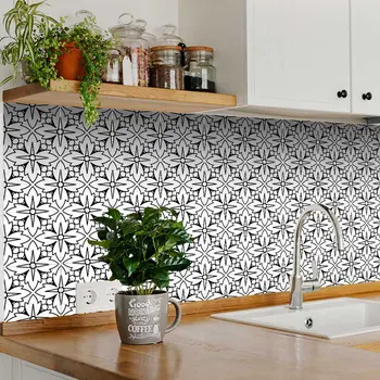 4" X 4" White and Black Cross Peel and Stick Removable Tiles