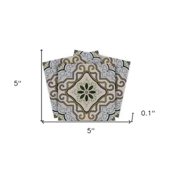 5" X 5" Taupe and Blue Scroll Peel and Stick Tiles