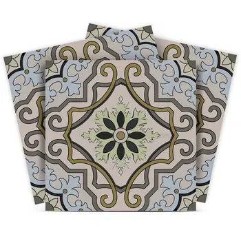 6" X 6" Taupe and Blue Scroll Peel and Stick Tiles