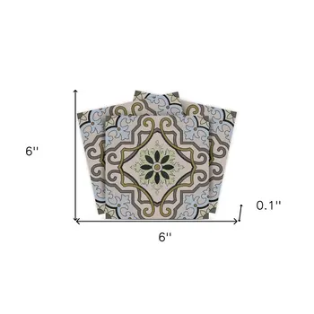 6" X 6" Taupe and Blue Scroll Peel and Stick Tiles