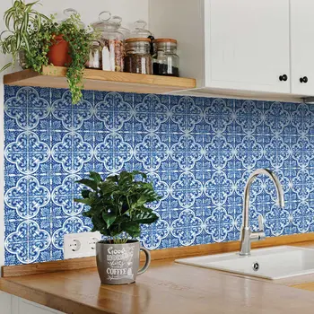 4" X 4" Blue and White Cross Peel And Stick Tiles