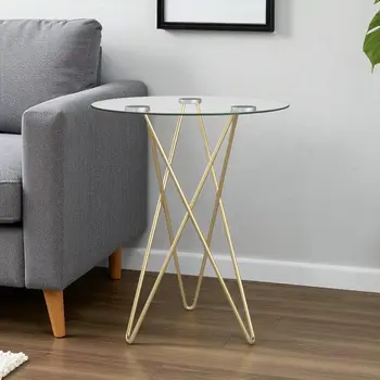 Geometric Clear Glass and Gold Round Table