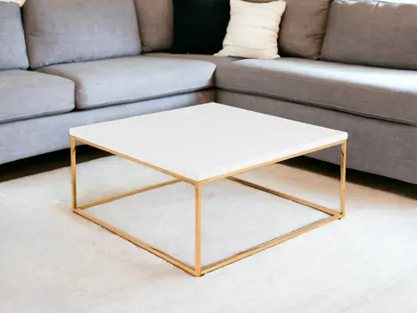 35" White and Gold Wood And Metal Square Frame Coffee Table