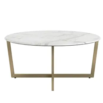 36" White and Gold Wood And Metal Round Cross Legs Coffee Table