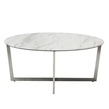 36" White and Silver Wood And Metal Round Cross Legs Coffee Table