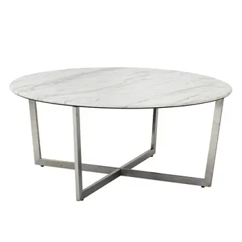 36" White and Silver Wood And Metal Round Cross Legs Coffee Table