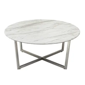 36" White and Silver Wood And Metal Round Cross Legs Coffee Table