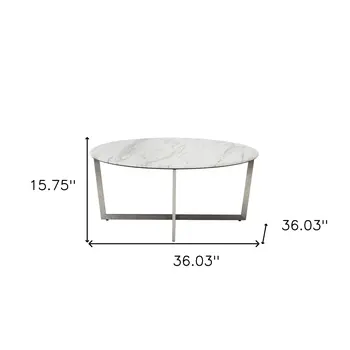 36" White and Silver Wood And Metal Round Cross Legs Coffee Table