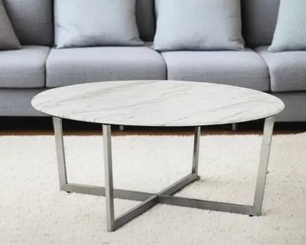 36" White and Silver Wood And Metal Round Cross Legs Coffee Table
