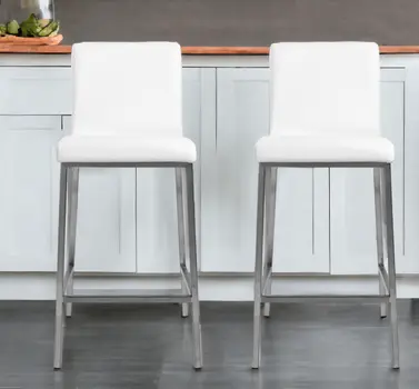 Set of Two 26" White And Silver Steel Low Back Counter Height Bar Chairs