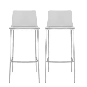 Set of Two 30" Clear And Silver Plastic Low Back Bar Height Bar Chairs
