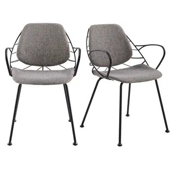 Set of Two Light Gray and Black Upholstered Fabric Dining Arm Chairs