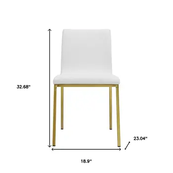 Set of Two White and Gold Upholstered Leather Dining Side Chairs