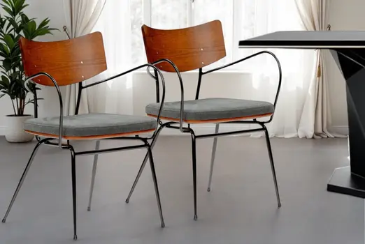 Set of Two Gray And Black Upholstered Fabric Open Back Dining Arm Chairs
