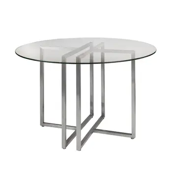 42" Clear And Silver Rounded Glass And Metal Trestle Base Dining Table