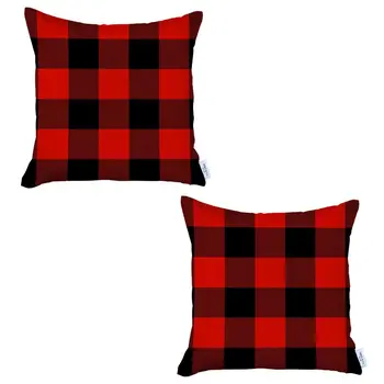 Set of 2 Red and Black Buffalo Plaid Throw Pillows