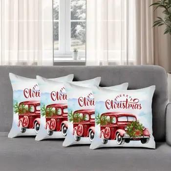 Set of Four 18" Red and White Merry Christmas Holiday Red Truck Fabric Throw Pillows